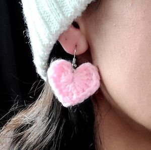Pink heart earrings, crochet earrings, handmade dangle earrings